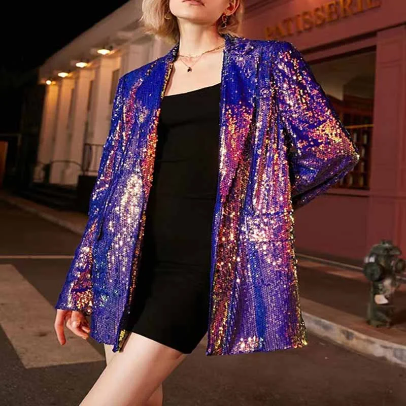 trendy coat jackets for women -Women Sequin Blazer Colorful Glitter Coat Party Jacket