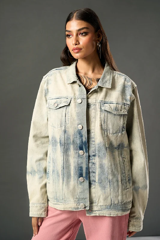 relaxed-fit jackets for women -Waves of Blue Denim Trucker Jacket