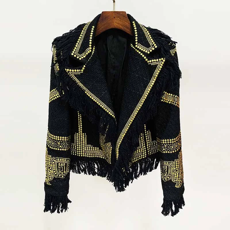 casual jacket sets for women -Women Black Blazer With Tassel tweed Jacket Coat