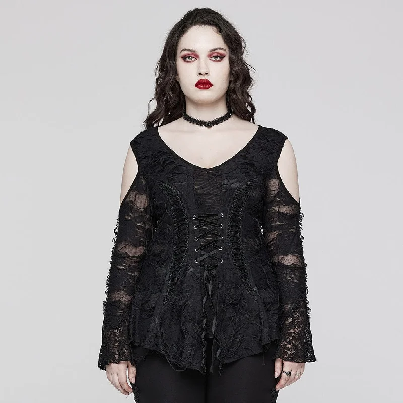 solid color blouses for women -Women's Plus Size Gothic Off Shoulder Flared Sleeved Lace Shirt