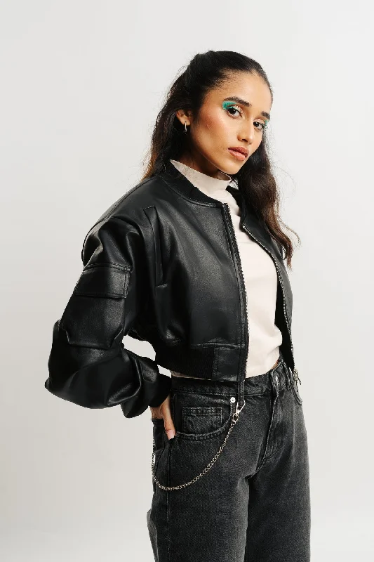 women's sleek bomber jackets -Black Leather Zipper Jacket