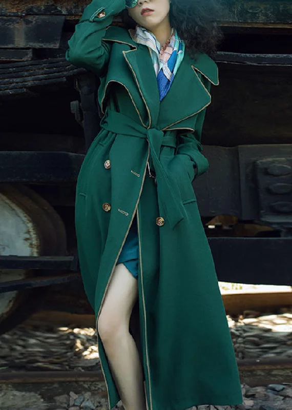 women's long cardigan coats -Natural Blackish Green Notched Patchwork Long Sashes Trench Coats Long Sleeve