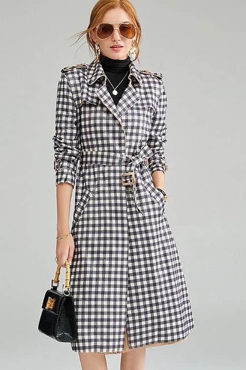 chic blazers with belts for women -Plaid Trench Coat W/ Belt