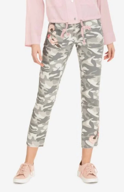 women's corduroy pants -Camo Embroidered Pants In Army Green