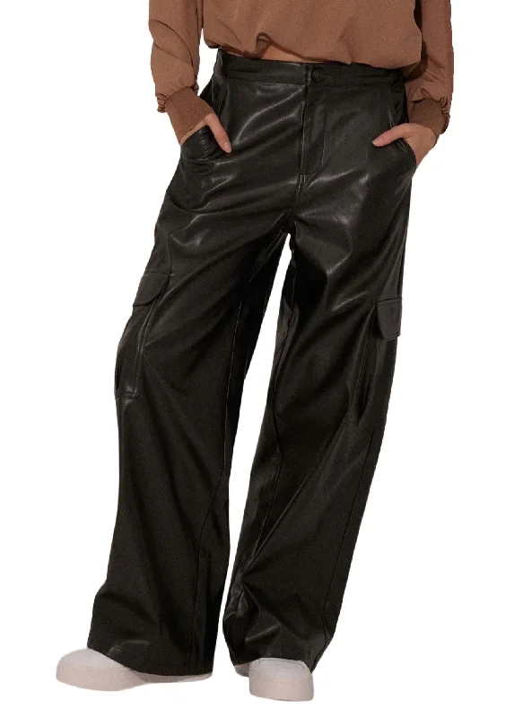 warm fleece-lined pants for women -Vegan Leather Wide-Leg Cargo Pant In Black