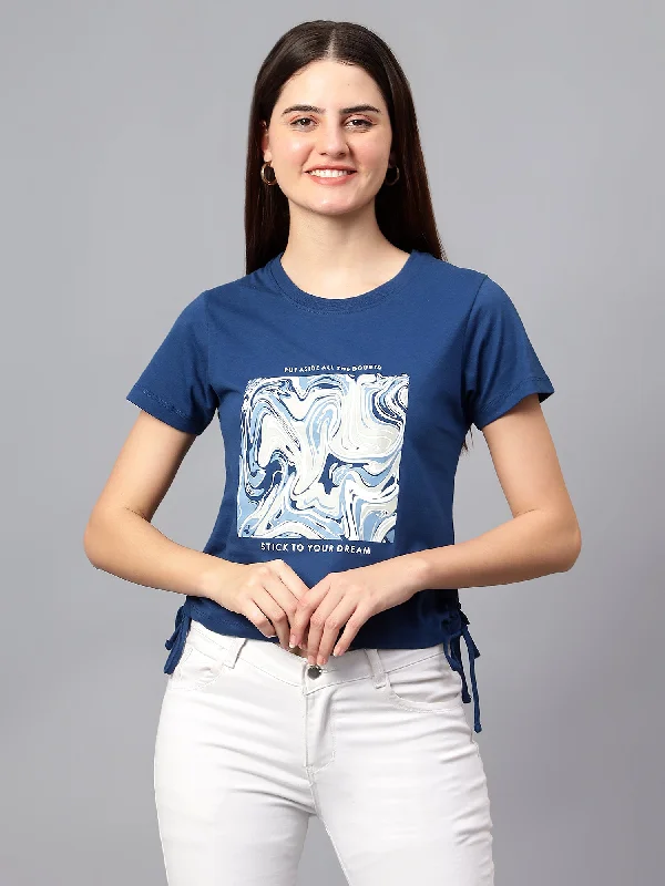 women's summer blouses -Women's Casual Regular Short Sleeve Blue Round neck Graphic Print T-Shirt