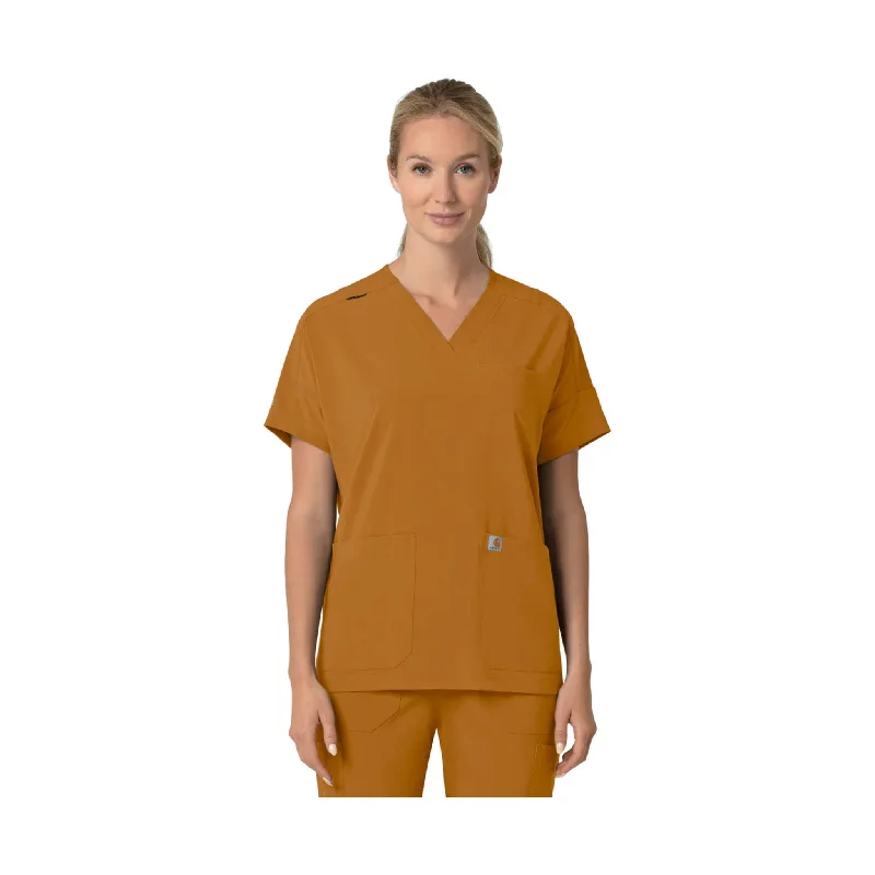 sporty tops for women -Carhartt Women's Force Cross Flex Oversized V Neck Scrub Top - Fox Brown - ONLINE STORE CREDIT/EXCHANGE ONLY