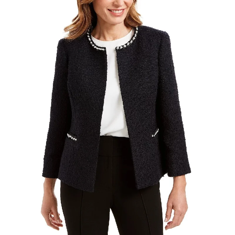 minimalist jackets for women -Kasper Women's Faux Pearl Embellished Textured Jacket Navy Size 14