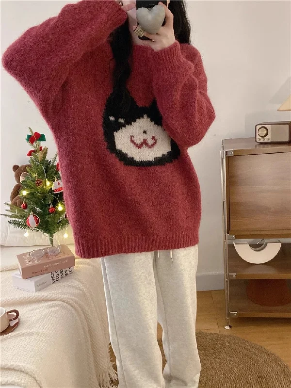 oversized tunic tops for women -Cartoon cat embroidery soft sweater for women New Year red sweater top    S5058