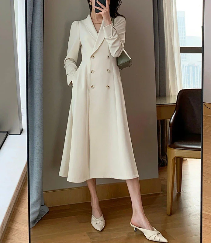 denim jackets for women -Ivory Double Breasted Blazer Dress Trench Coat