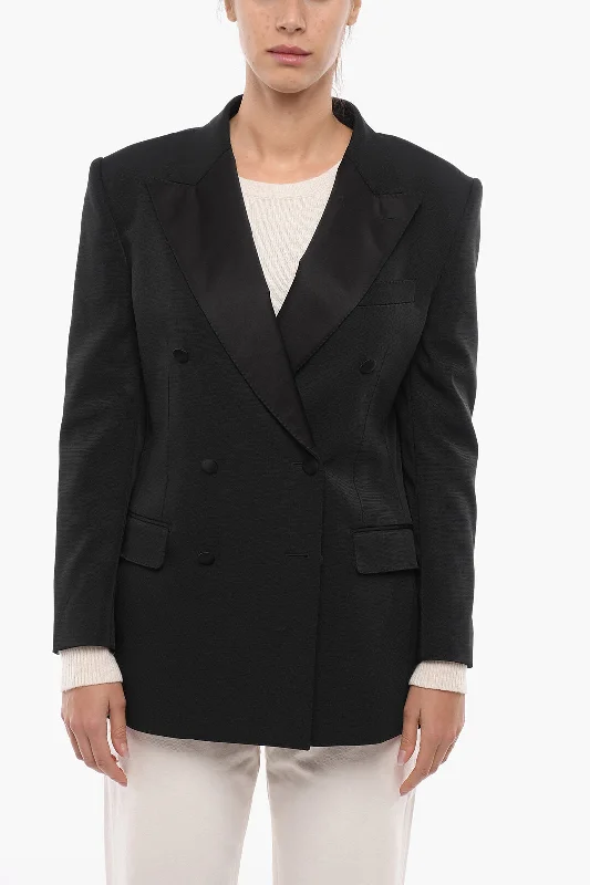 winter coat with fur trim for women -Dolce & Gabbana Tech-gabardine Double-breasted Blazer with Satin Peak Lapel