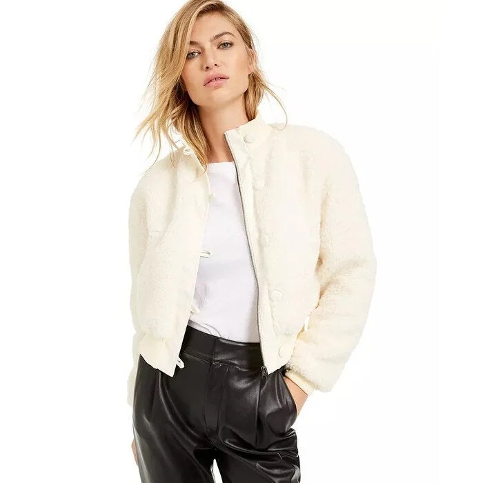 trendy puffer coats for women -Bar III Women's Becca Tilley X Cropped Faux-Fur Bomber Jacket White Size Small