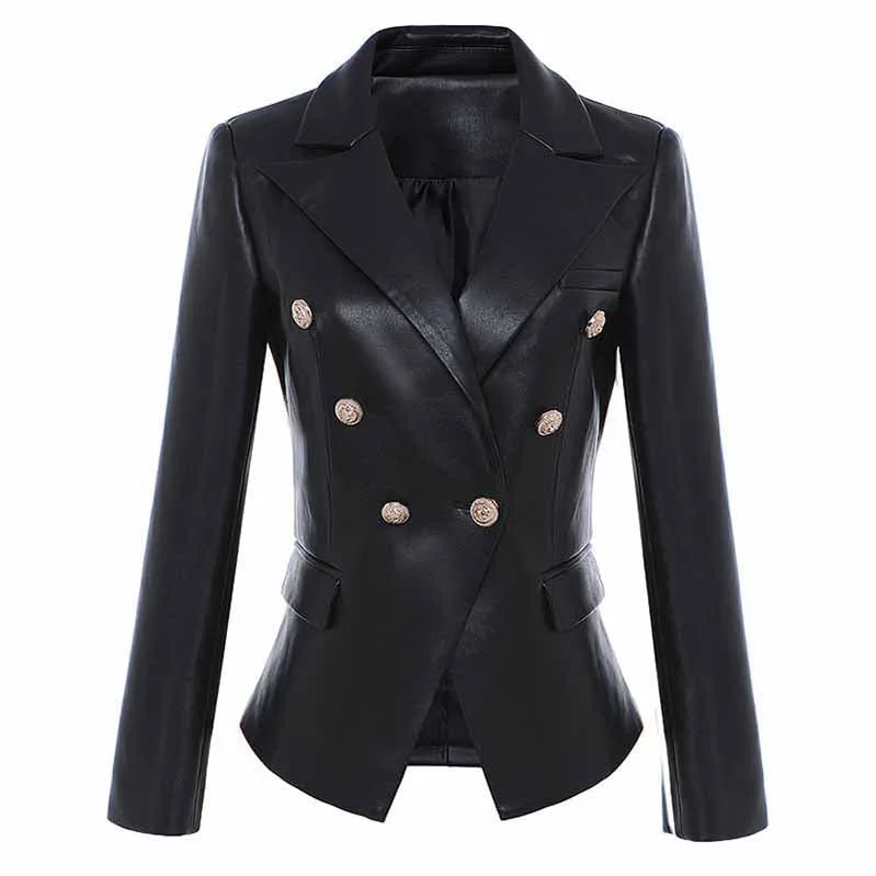 oversized wool coats for women -Women Double Breasted Short PU Leather Jacket Slim Fitted Blazer