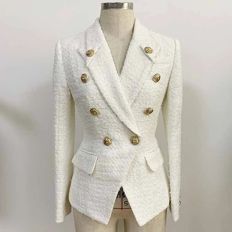 women's bomber jackets with patches -Women's Luxury Double breasts Fitted Tweed Blazer Golden Lion Buttons White