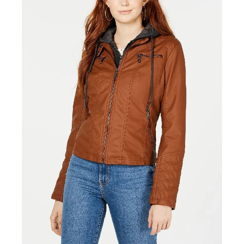 women's windbreaker jackets -Maralyn & Me Juniors' Hoodie Faux-Leather Moto Jacket Med Brown Size Large