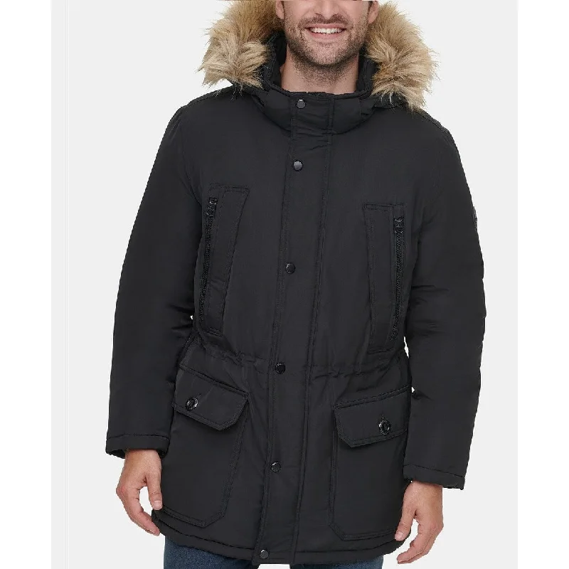 women's sleek bomber jackets -Calvin Klein Men's Long Snorkel Coat With Faux-Fur Trimmed Hood Black Size Small