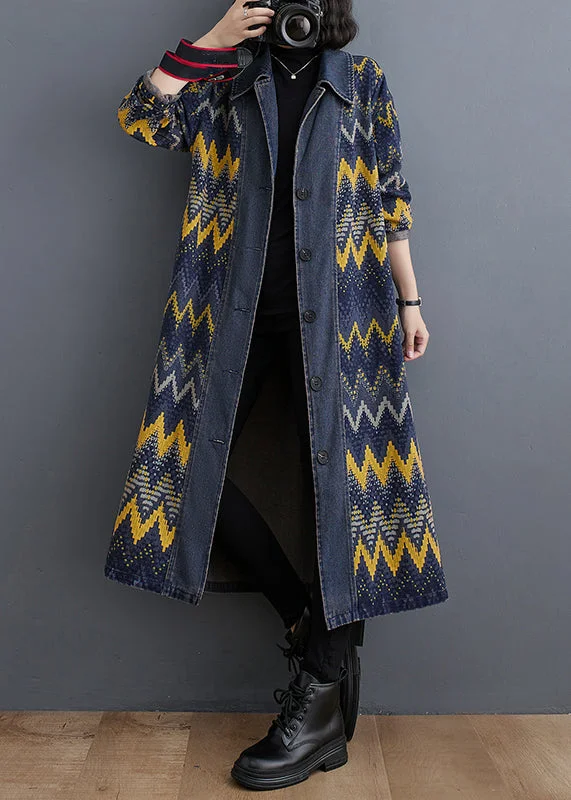 trendy puffer coats for women -Vintage Blue Peter Pan Collar Print Button Denim Long Trench Coat Fall