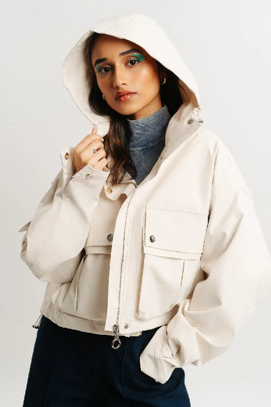 warm down jackets for women -White Hood Cargo Pocket Jacket