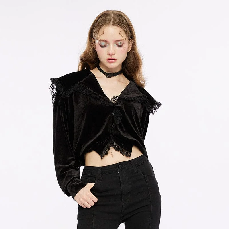 spring fashion tops for women -Women's Gothic Plunging Lace Splice Velvet Shirt