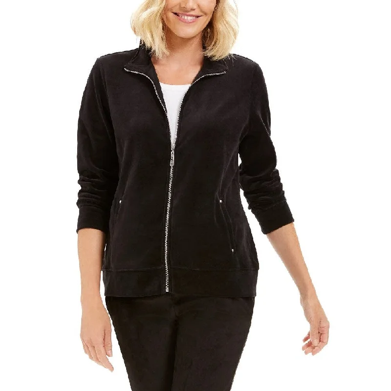 casual jackets for women -Karen Scott Women's Sport Velour Zip Jacket Black Size 2 Extra Large - 2XL