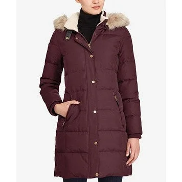 comfortable zip jackets for women -Lauren Ralph Lauren Petite Faux-Fur Hood Velvet Wine Size PXL