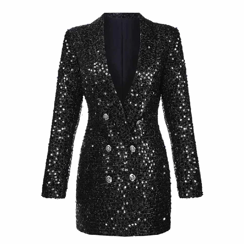 women's long cardigan coats -Women Bling Bling Sequined Black Long Blazer