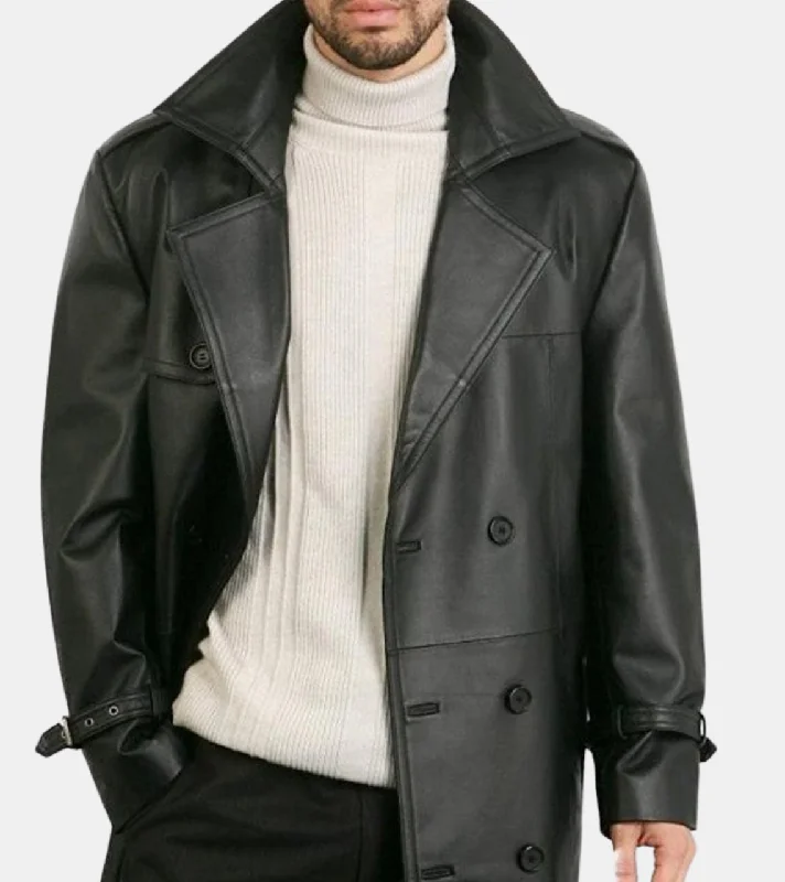 chic double-breasted blazers -Esterz Men's Black Leather Trench Coat