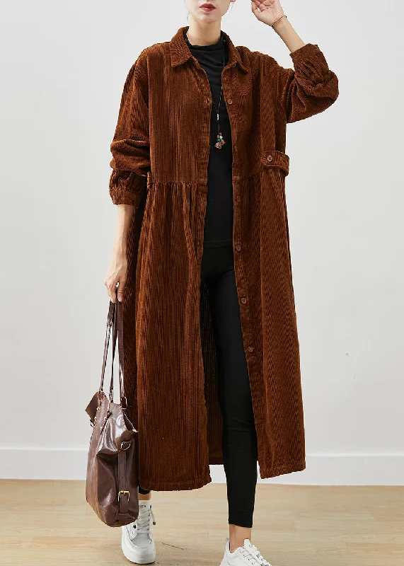 women's hooded winter coats -Art Brown Oversized Corduroy Trench Coats Spring