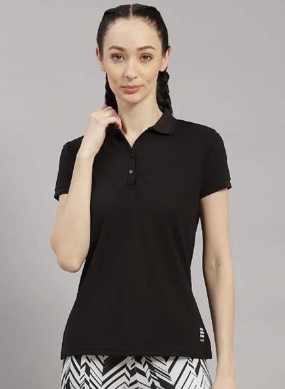 women's off-shoulder tops -Women Black Solid T-Shirt