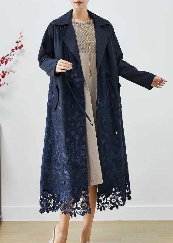 chic blazers for women -Bohemian Navy Embroideried Tie Waist Spandex Trench Coats Fall