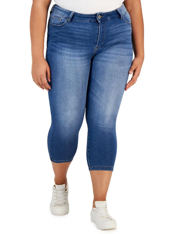 women's bootcut jeans -Plus Womens Mid-Rise Cropped Skinny Jeans