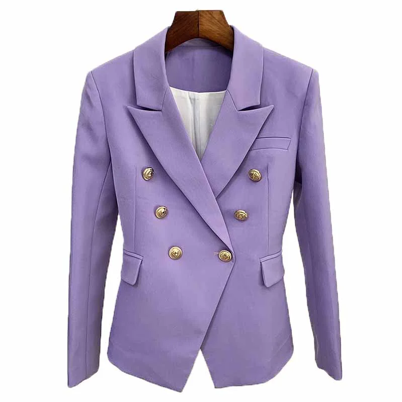 women's belted trench coats -Women's Purple Textured Luxury Fitted Double Breasted Blazer with Lion Buttons