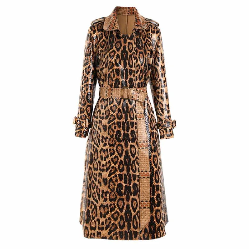 women's corduroy jackets -Women Animal Print Formal Coat In Brown Leopard Print Belted Trench Coat