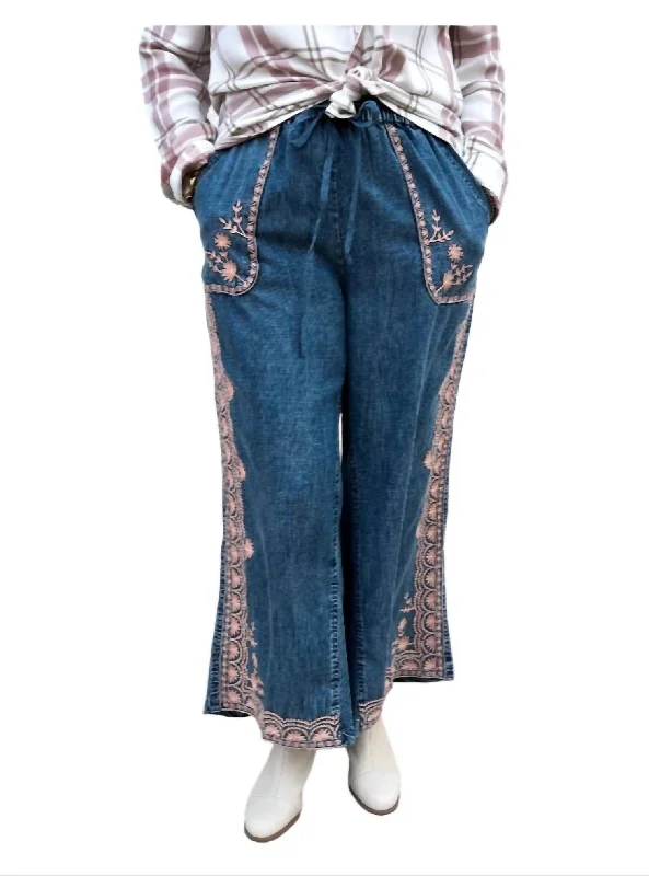 women's printed pants -Border Embroidery Denim Pants In Blue