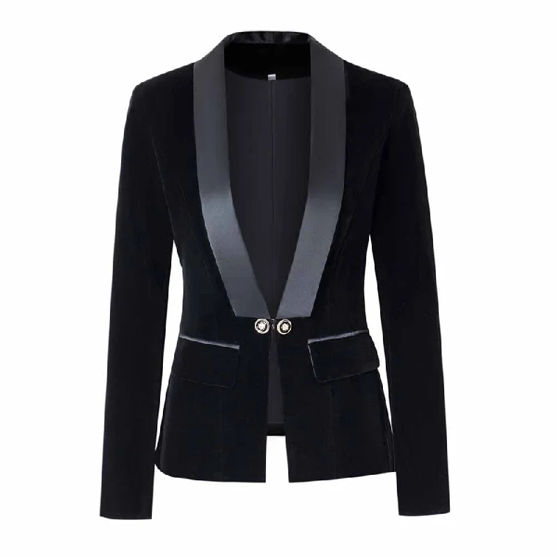 minimalist jackets for women -Women velvet wedding blazer long sleeve doule breasted V-neck jacket