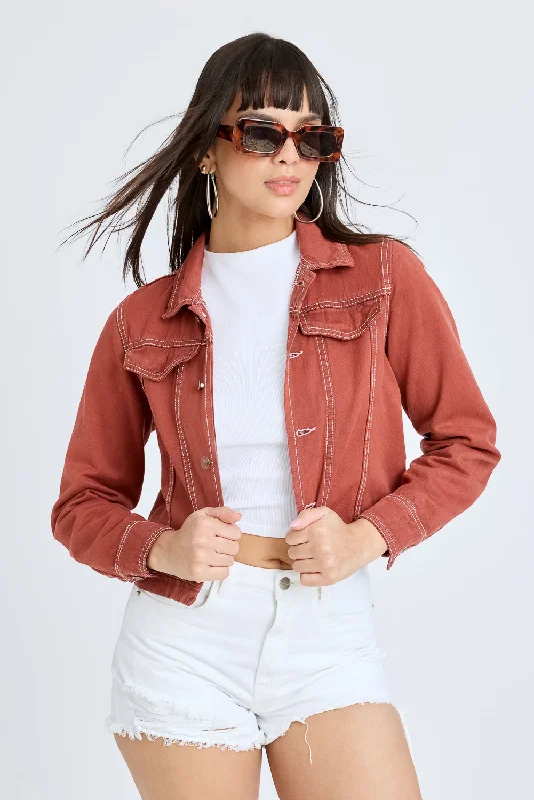 chic double-breasted blazers -Brick Contrast Denim Jacket