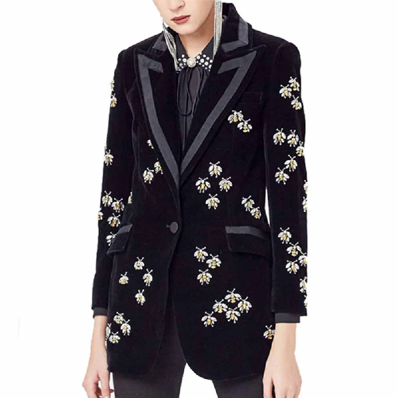 short puffer jackets for women -Women Black Diamond-studded blazer Crystal Cashmere Jacket