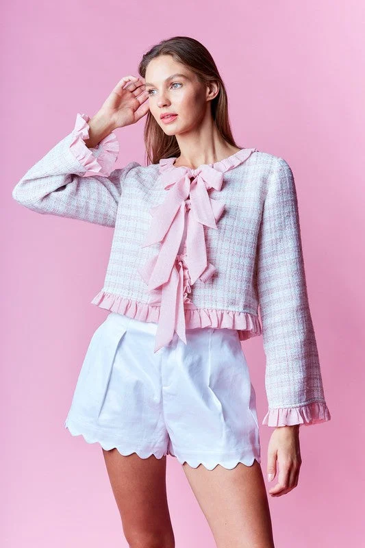 stylish jackets for women -Willa Long Sleeve Ruffle Bow Tie Tweed Jacket Pink