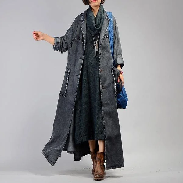 oversized wool coats for women -Women Trench Coat 2020 Fall Winter New Pockets Long Sleeve Blue Plus Size Trench