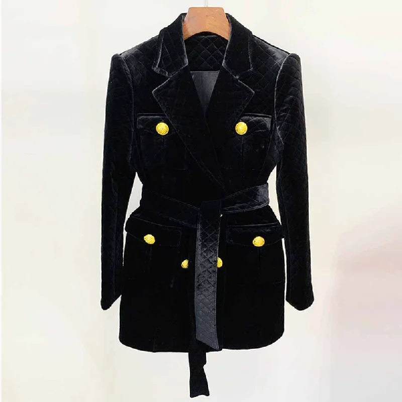 windproof jackets for women -Women black double breasted coat belted velvet medium length coat