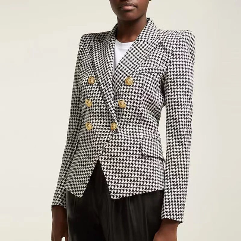 warm down jackets for women -Houndstooth Slim Long-sleeved Metal Button Women's Blazer Jacket