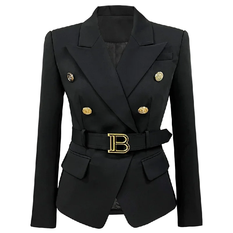 fleece-lined parkas for women -Women Double-breasted cotton blazer with buckle