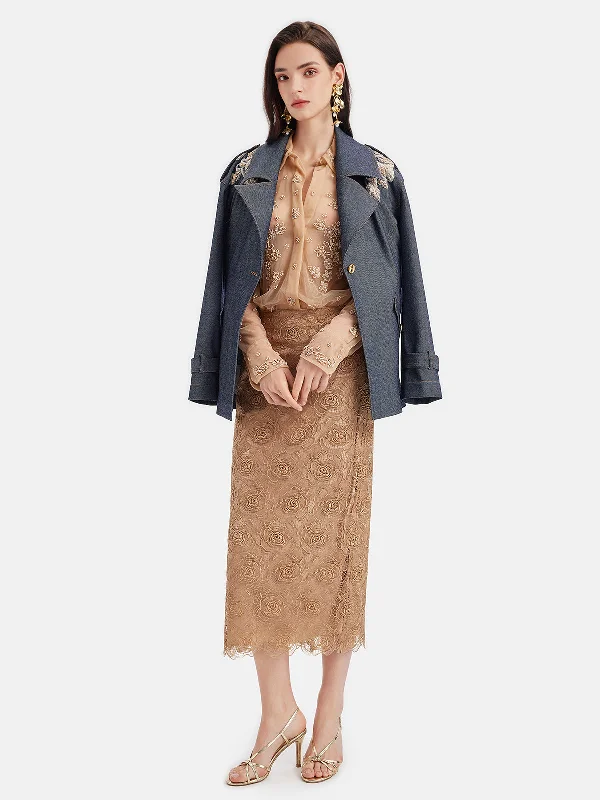 women's trench coat with belt -Wool & Beaded Embroidered Trench Coat