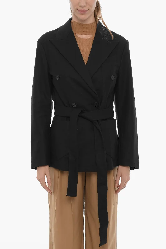 short jackets for women -Setchu Solid Color Double-Breasted Blazer with Side Slits