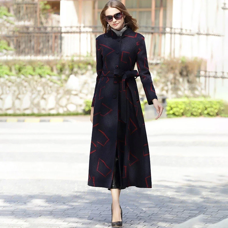 trench coat with hood for women -Custom Wool Blend Geo Print Stand Collar Fit & Flare Coat