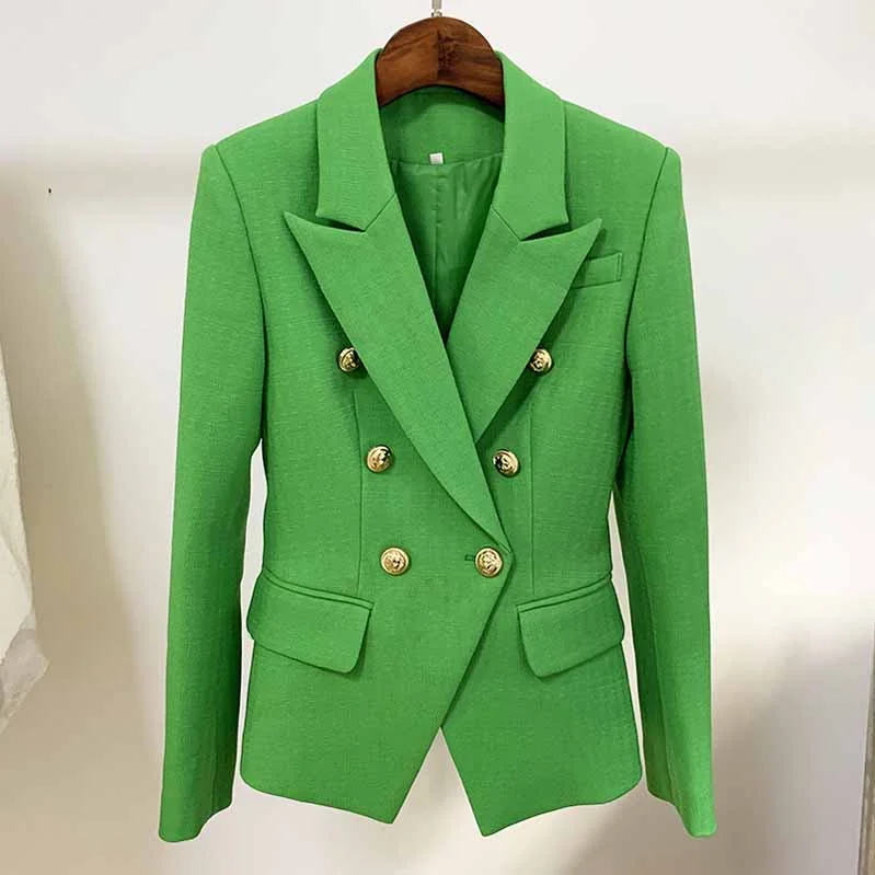 women's short fur coats -Women's Green Lion Buttons Fitted Blazer Jacket