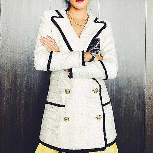 women's corduroy jackets -Women Chic Off White Tweed Blazer Double Breasted Blazer Gold Buttons