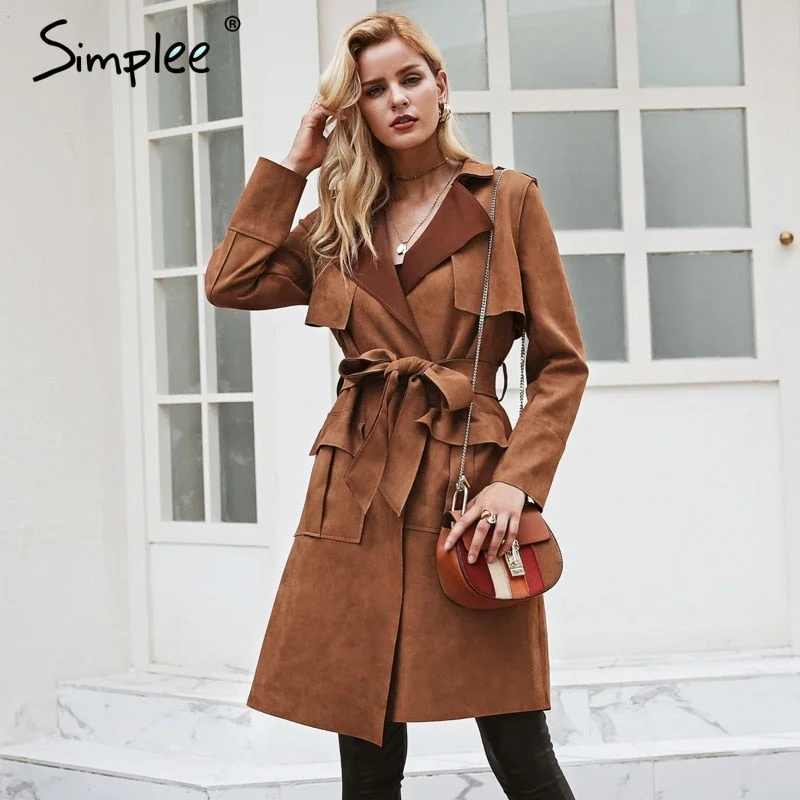 women's rainproof jackets -Turn down collar sash suede trench coat Casual leather pocket