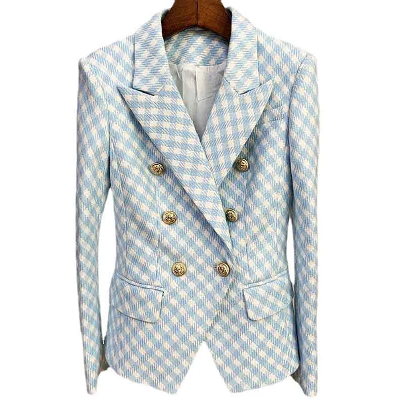 sporty jackets for women -Women's Fitted Golden Lion Buttons Luxury Blue Checked Blazer