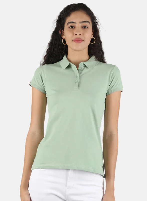 high-neck tops for women -Women Green Plain T-Shirt